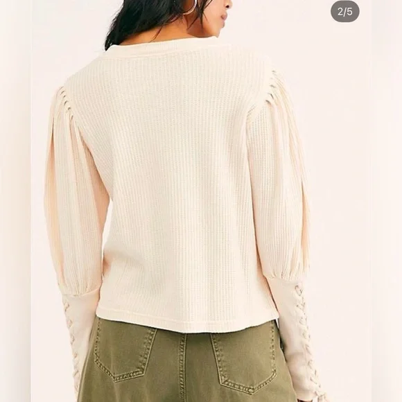 Women's Top waffle thermal long sleeve laceup light pink free people 100% cotton - Picture 4 of 6